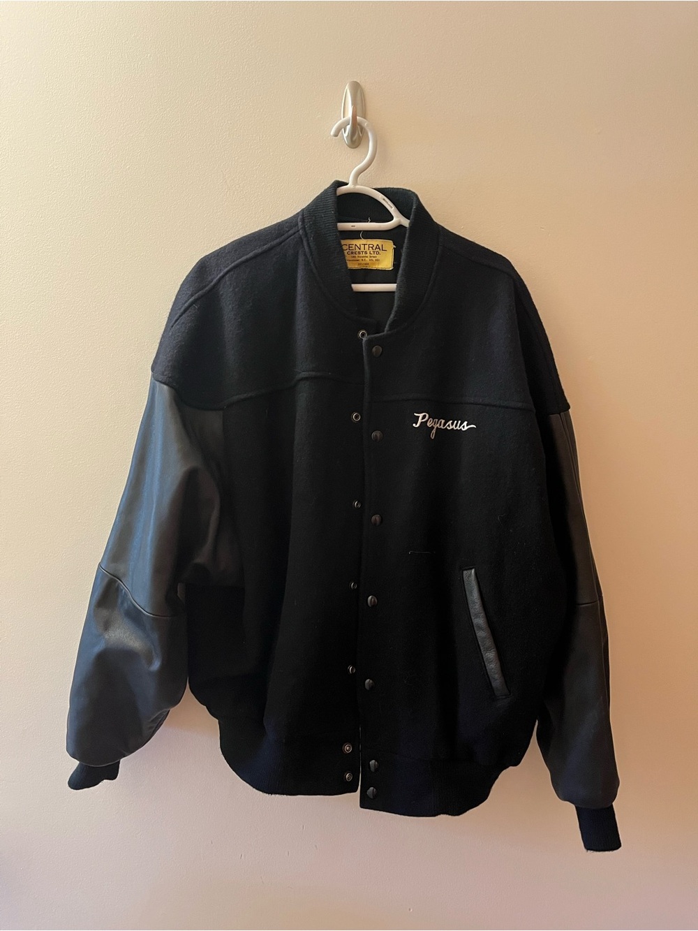 Vintage Men's Black leather Bomber Jacket Pegasus embroidery